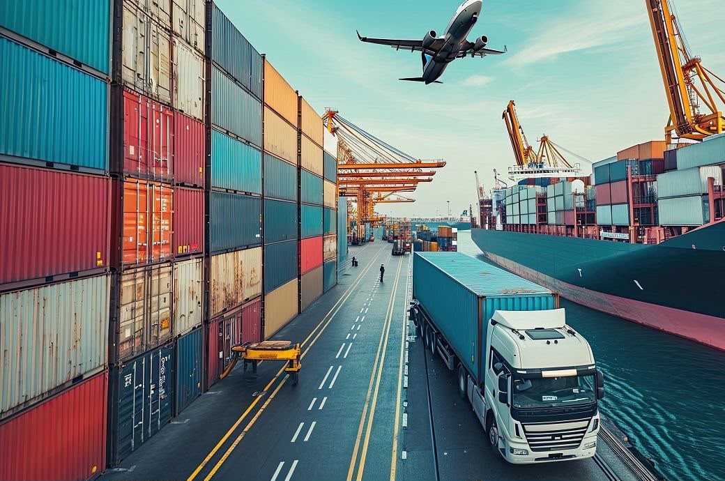 Terminal à conteneurs : camion porte-conteneurs le long d'un navire, portiques et avion cargo